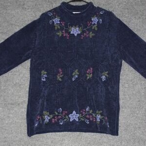 CAROLYN TAYLOR Sweater Womens S Navy Blue Floral Embroidered Mock Neck